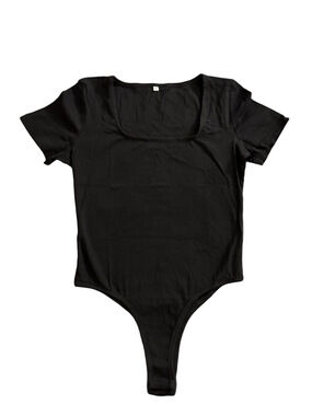 Black Square Neck Short Sleeve Bodysuit Women’s Size Large Stretch Basic